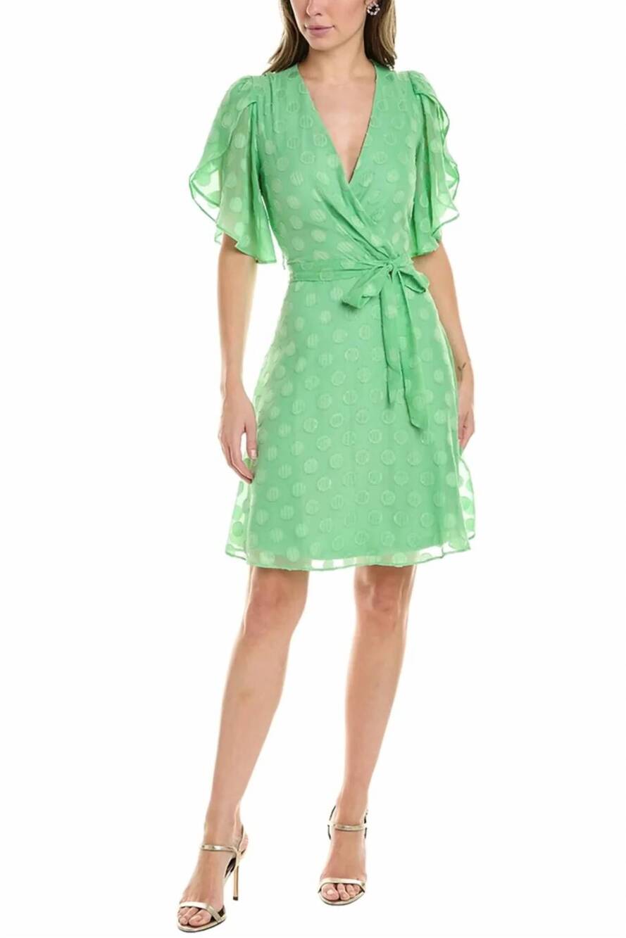 NEW LONDON TIMES metallic faux-wrap dress in green